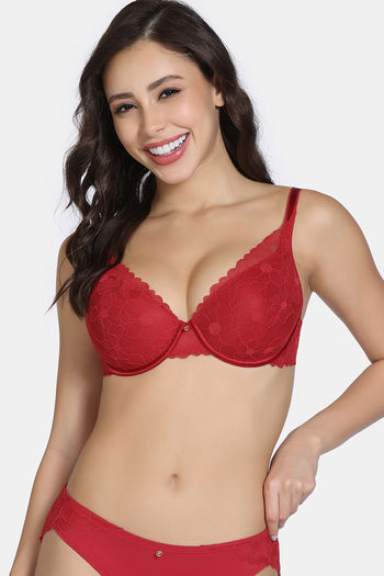 Buy Zivame La Flamme Padded Plunge Wired Medium Coverage Lace Bra - Scarlet Smile